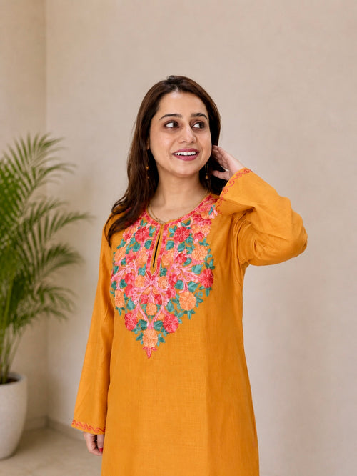 Aari Work Long Kurti in Golden Ruby Cotton