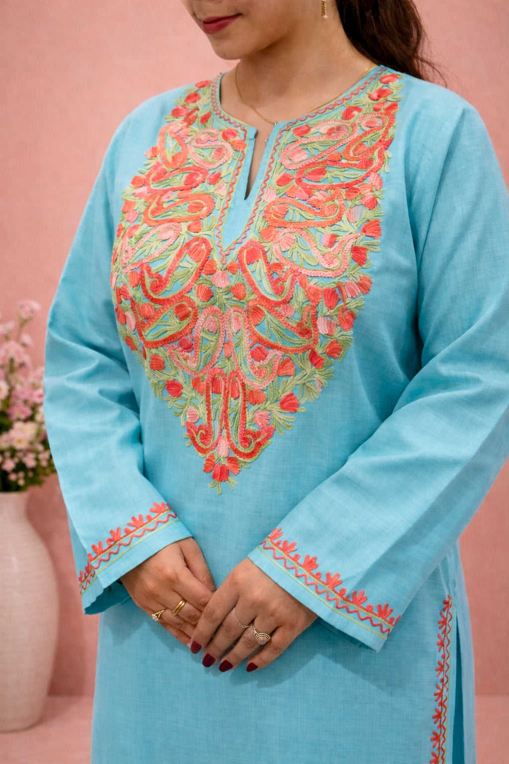 Cotton Sea Green Kashmiri Aari Work Cord Set