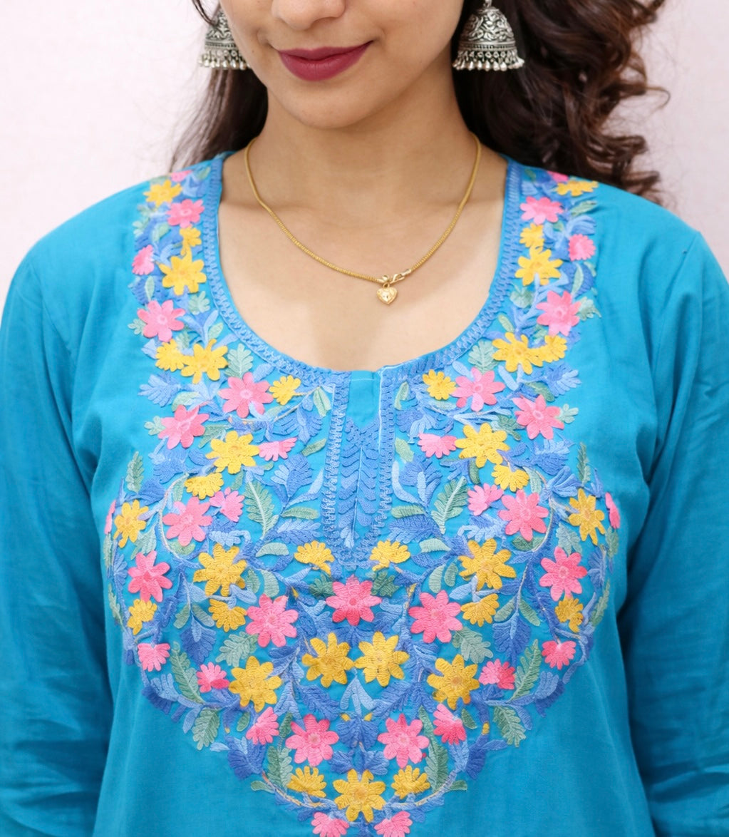 Rayon Teal Kashmiri Aari Work Short Kurta