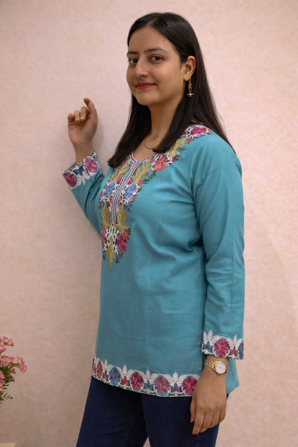 Cotton Teal Kashmiri Aari Work Short Kurta
