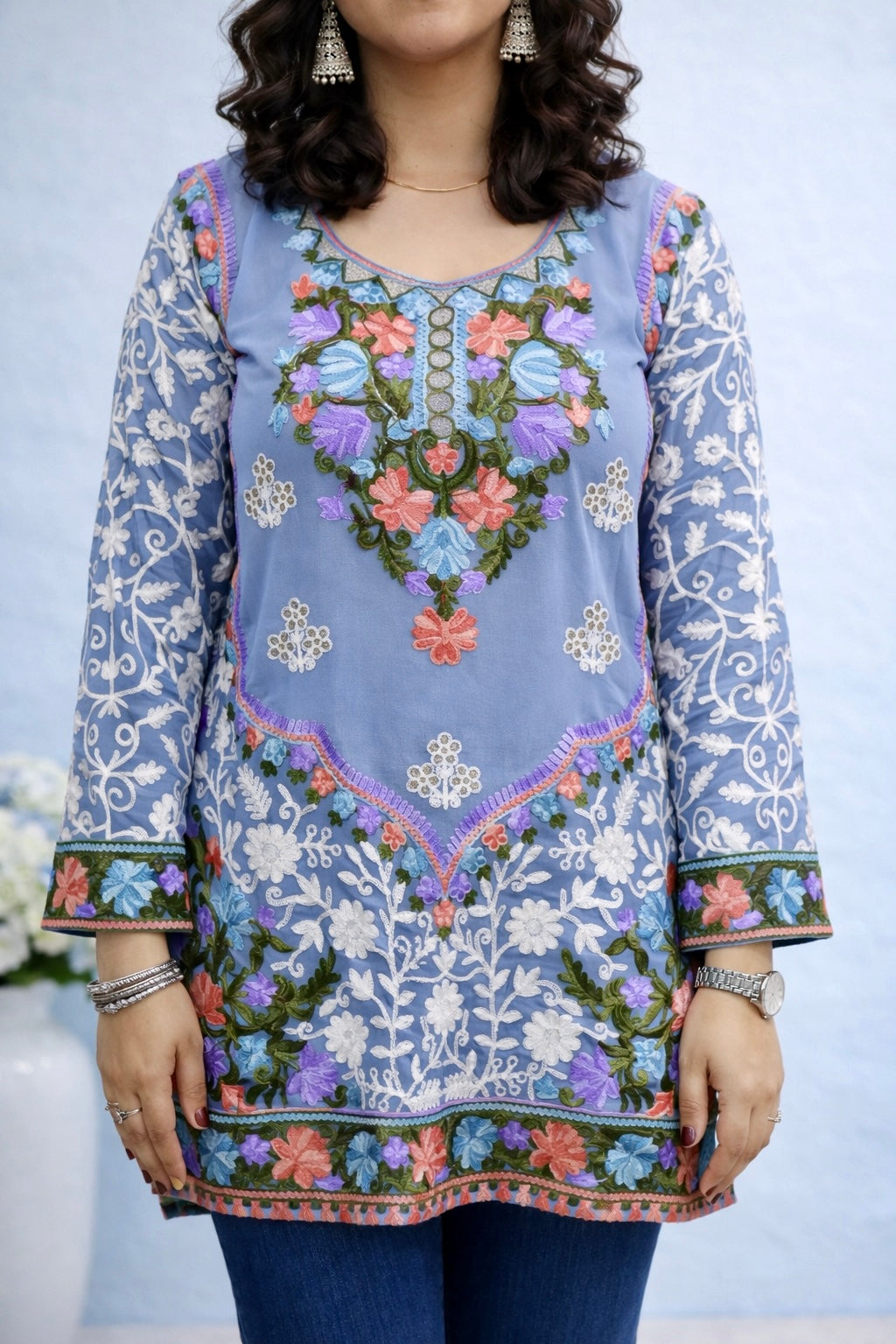 Georgette Sky Blue Kashmiri Aari Work Short Kurta