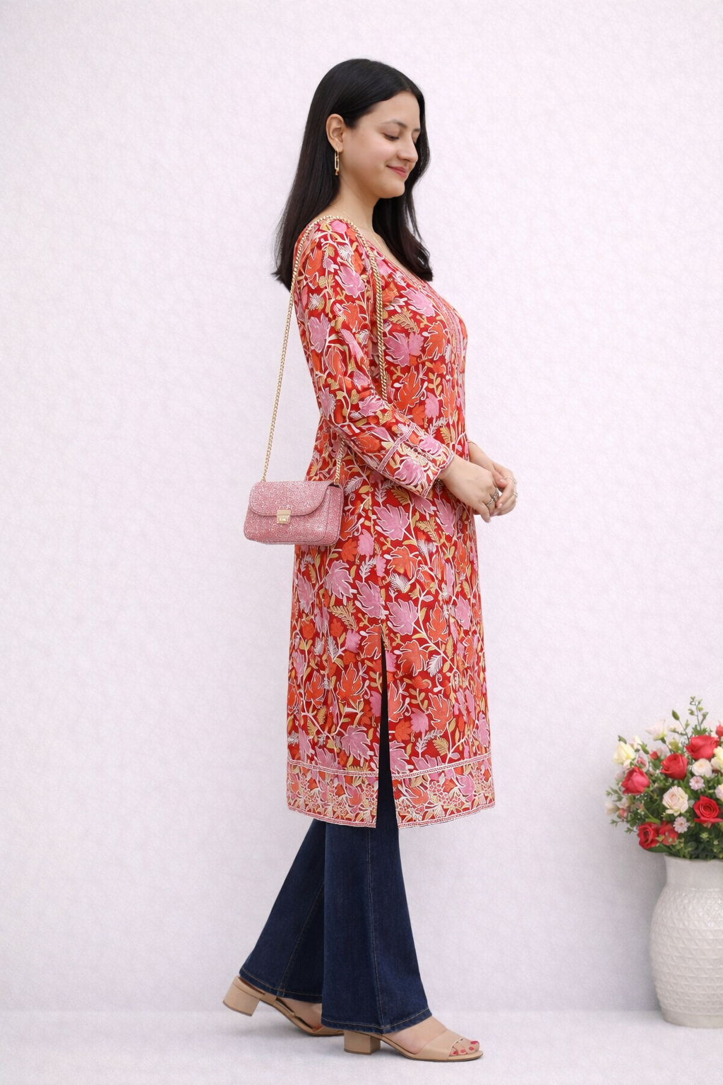 Georgette Red Kashmiri Aari Work Long Kurta