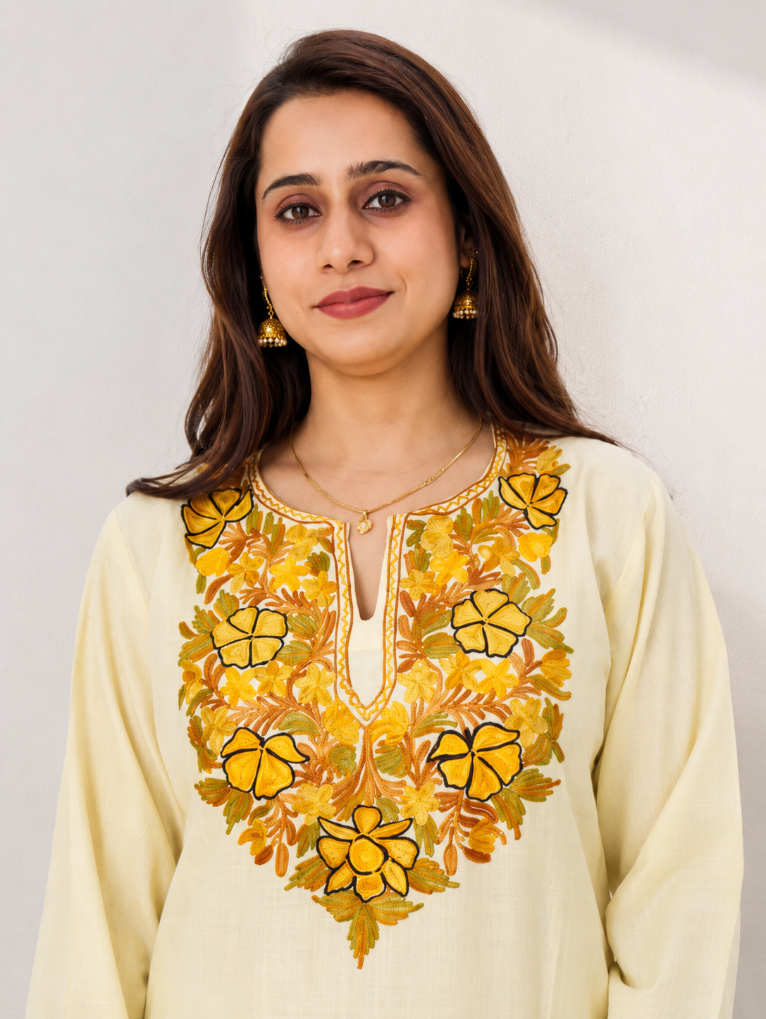 Handcrafted Aari Work Long Kurti in Light Yellow Green