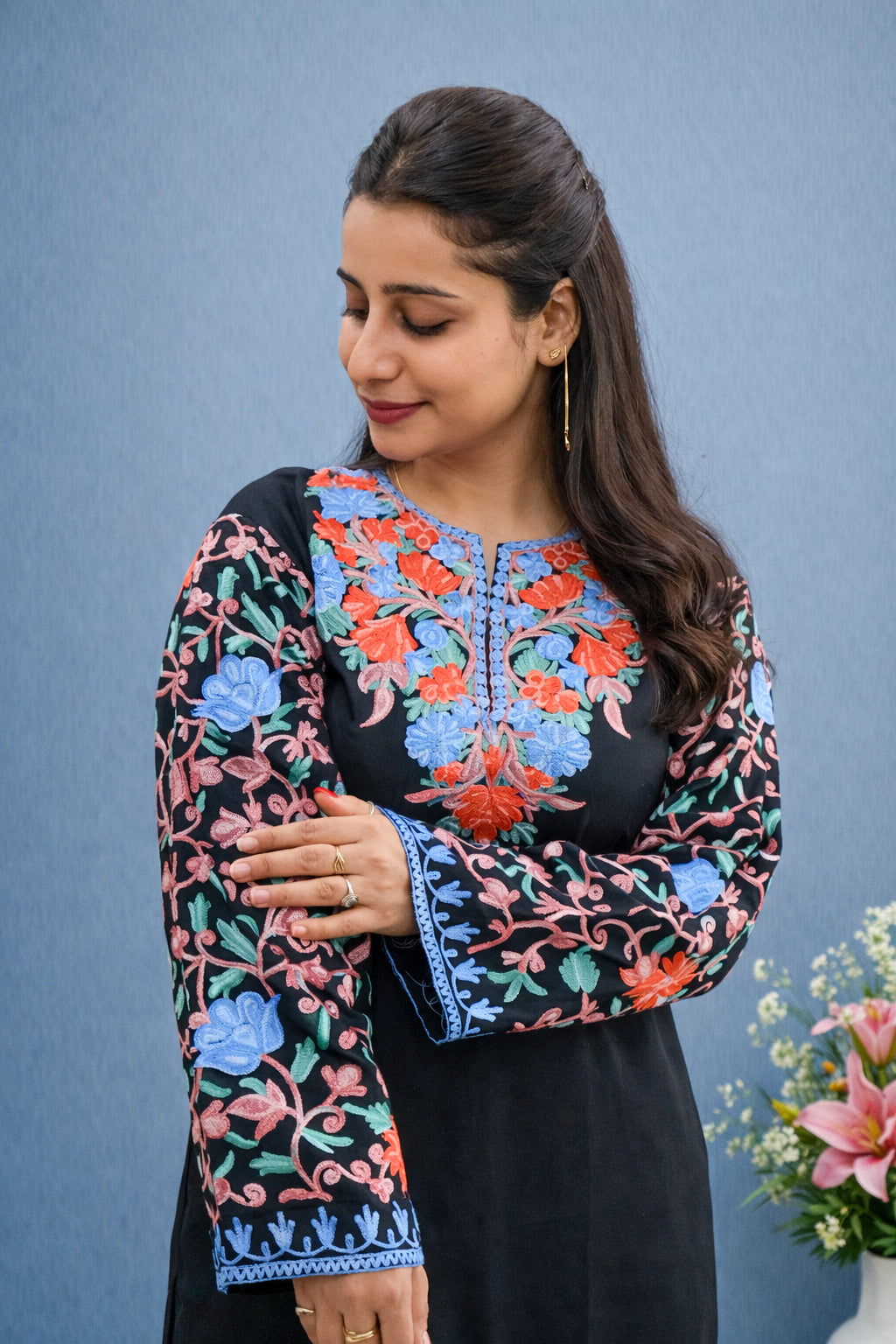 Rayon Black Kashmiri Aari Work Cord Set