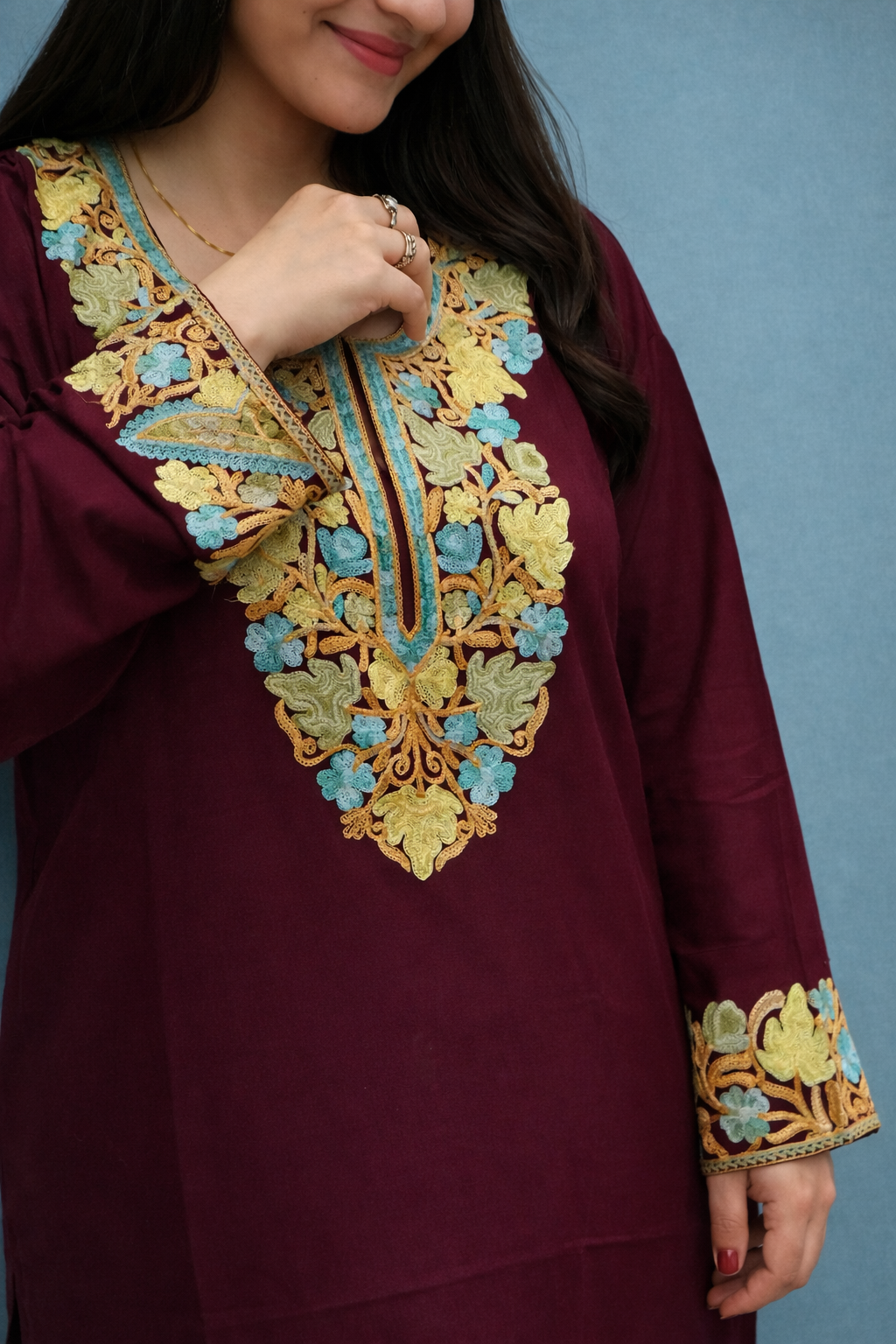 Rayon Wine Kashmiri Aari Work Long Kurta