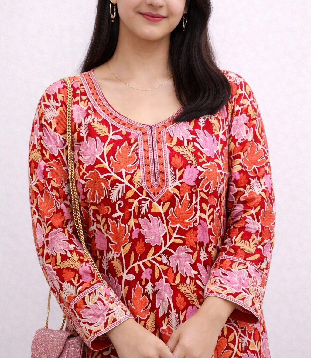 Georgette Red Kashmiri Aari Work Long Kurta