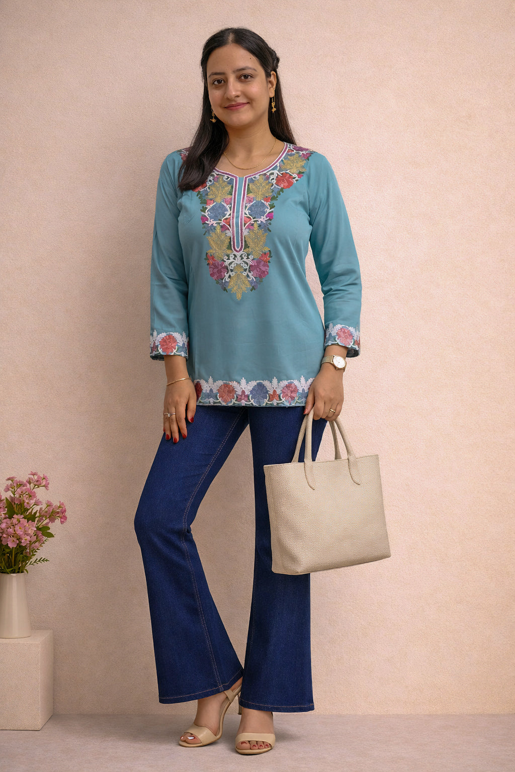 Cotton Teal Kashmiri Aari Work Short Kurta