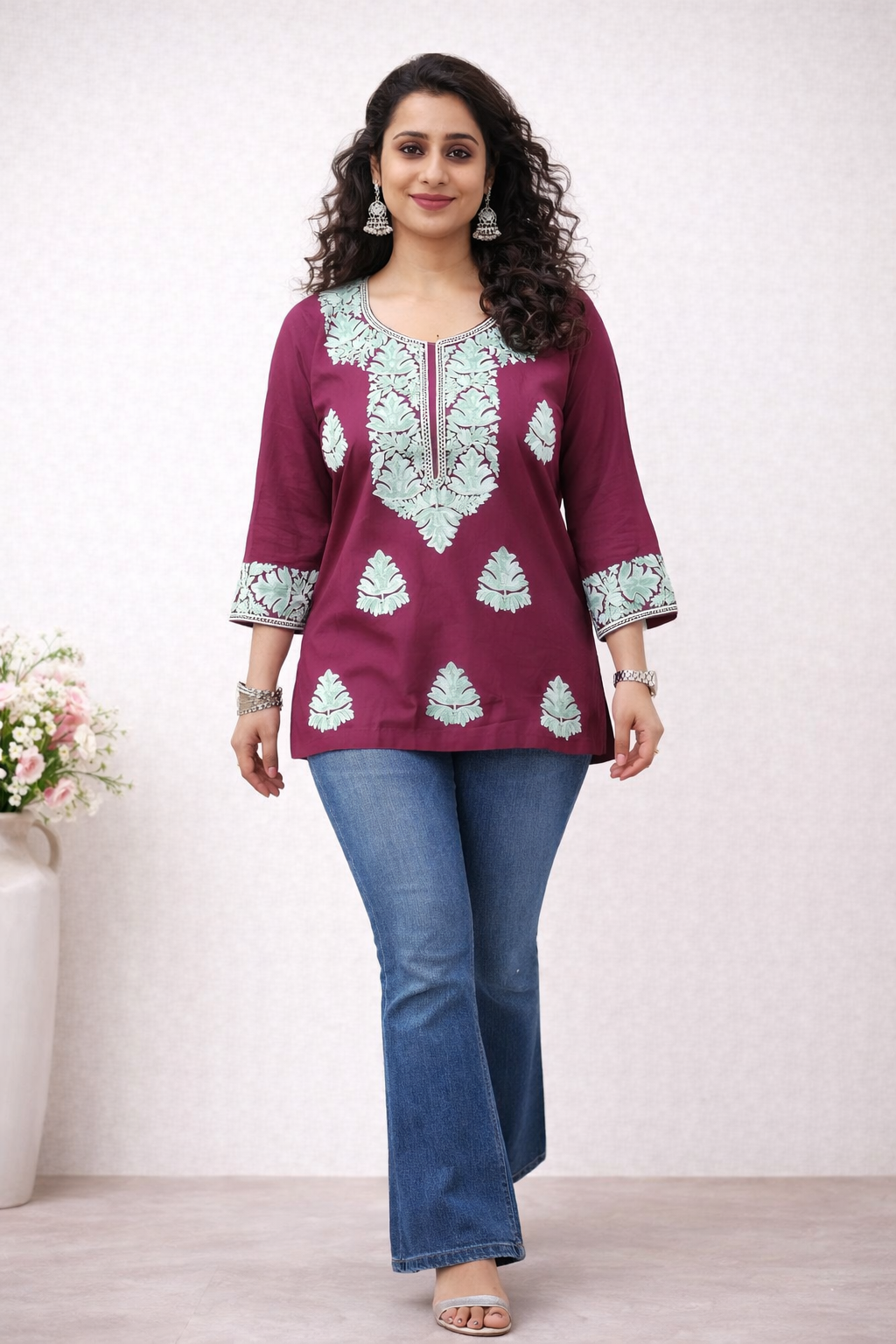 Rayon Purple Kashmiri Aari Work Short Kurta