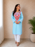 Hand-Embroidered Aari Work Long Kurti in Sea Blue