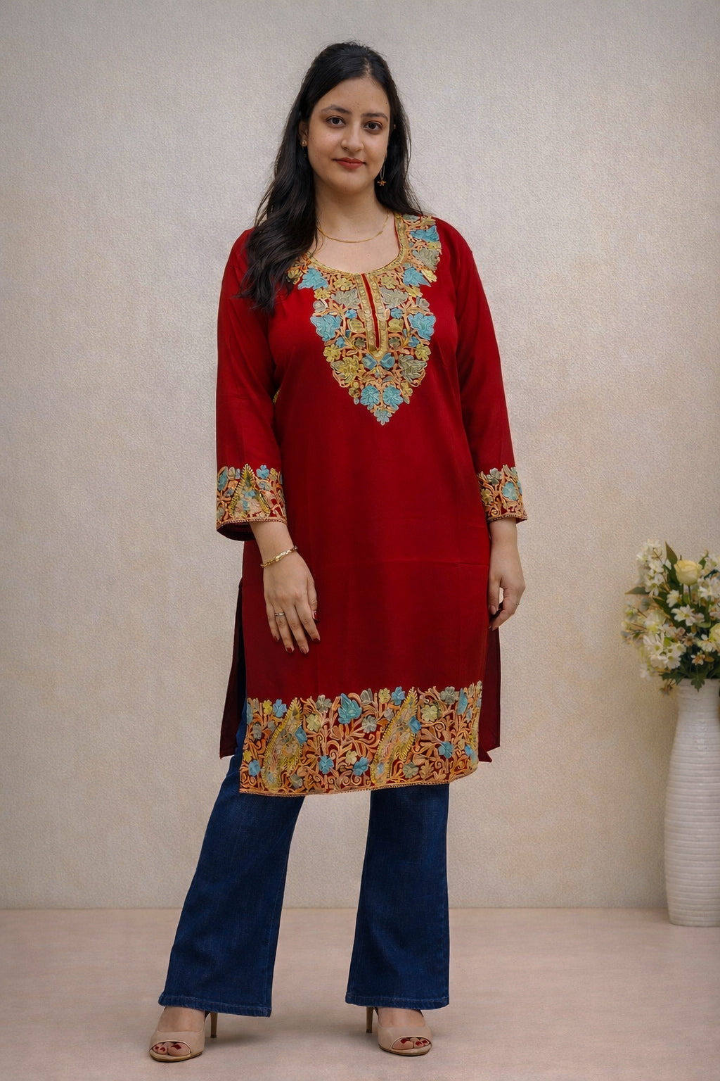 Rayon Red Kashmiri Aari Work Long Kurta