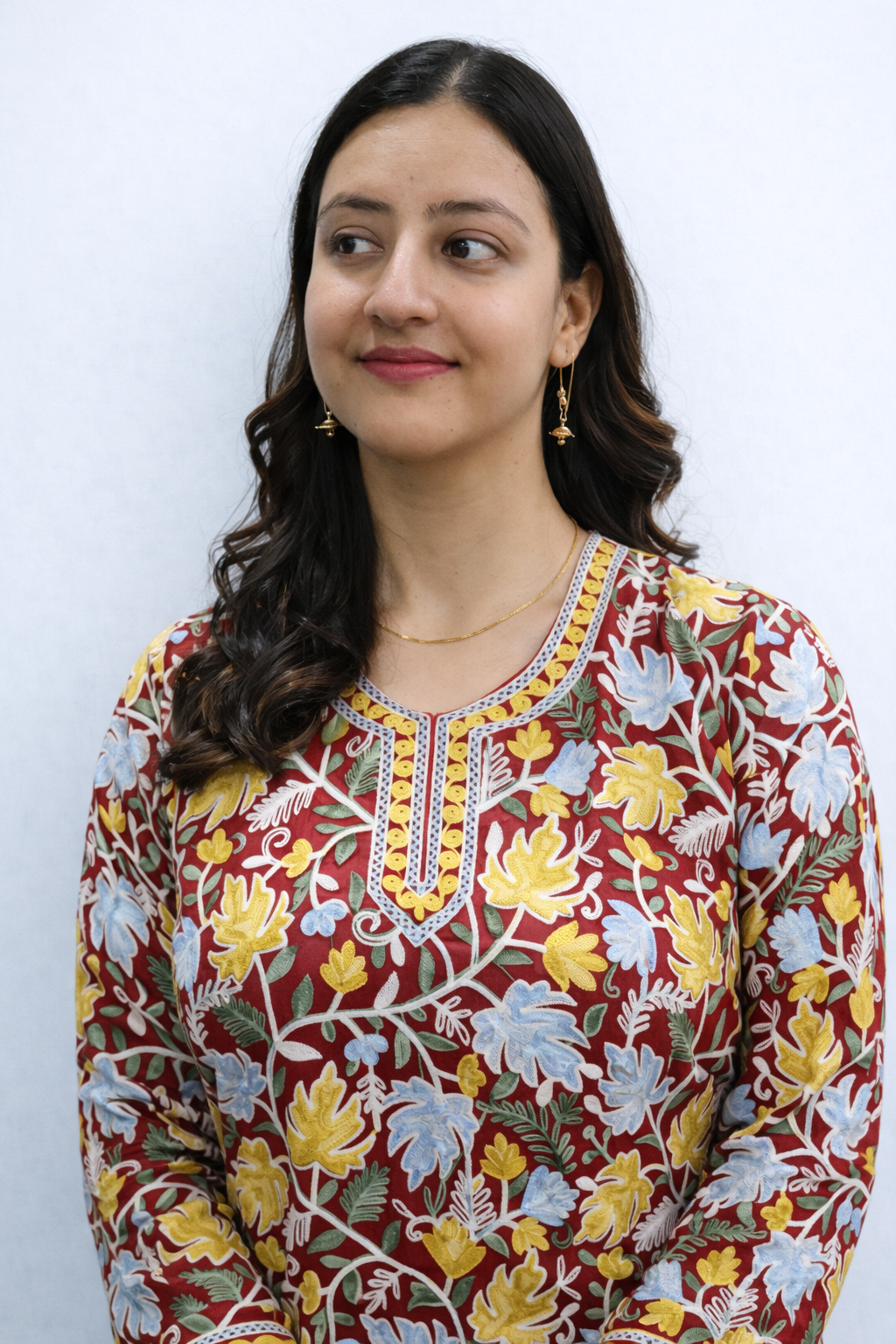 Georgette Red Blue Kashmiri Aari Work Short Kurta