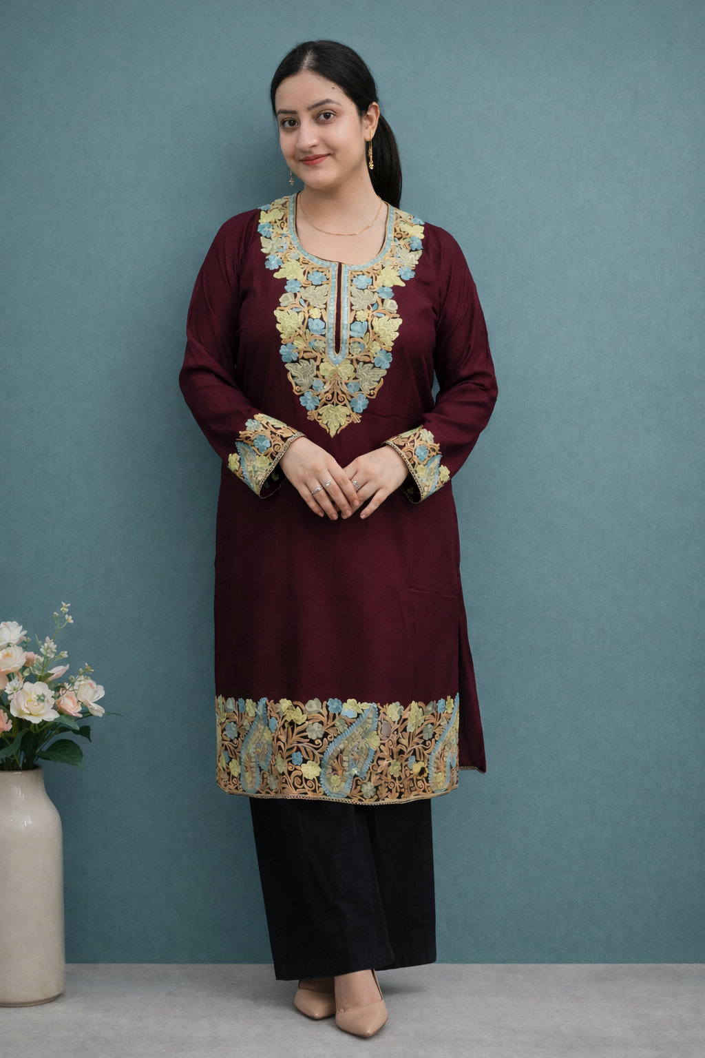 Rayon Wine Kashmiri Aari Work Long Kurta