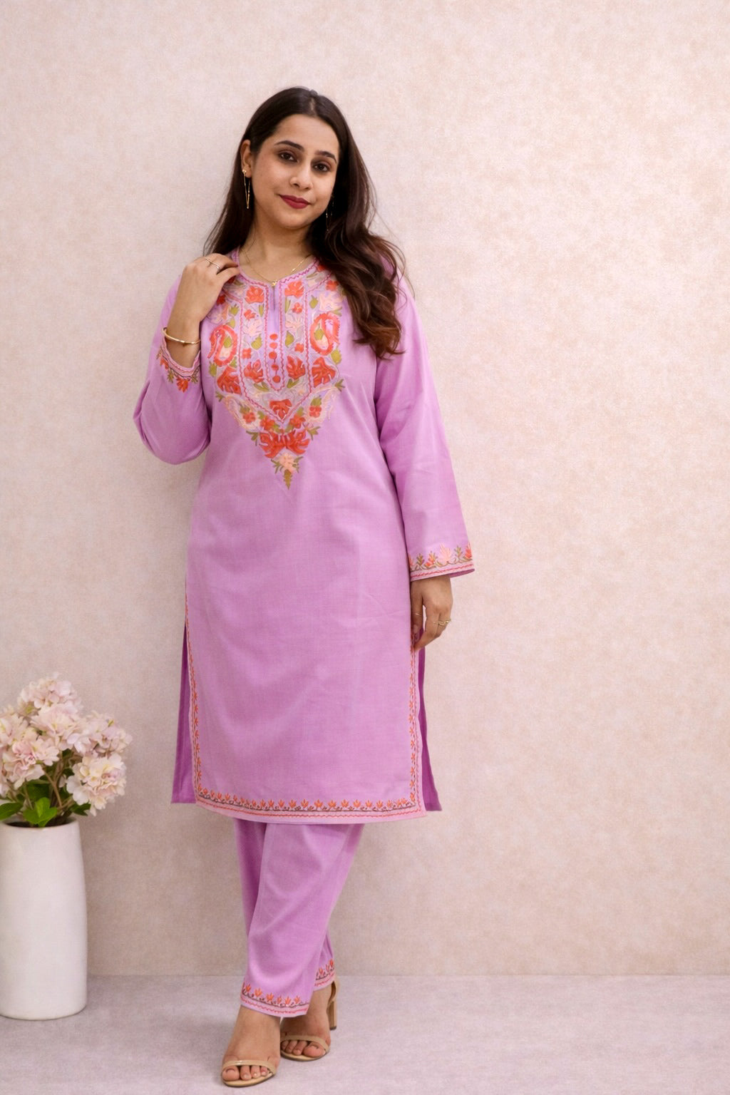 Cotton Pink Kashmiri Aari Work Cord Set