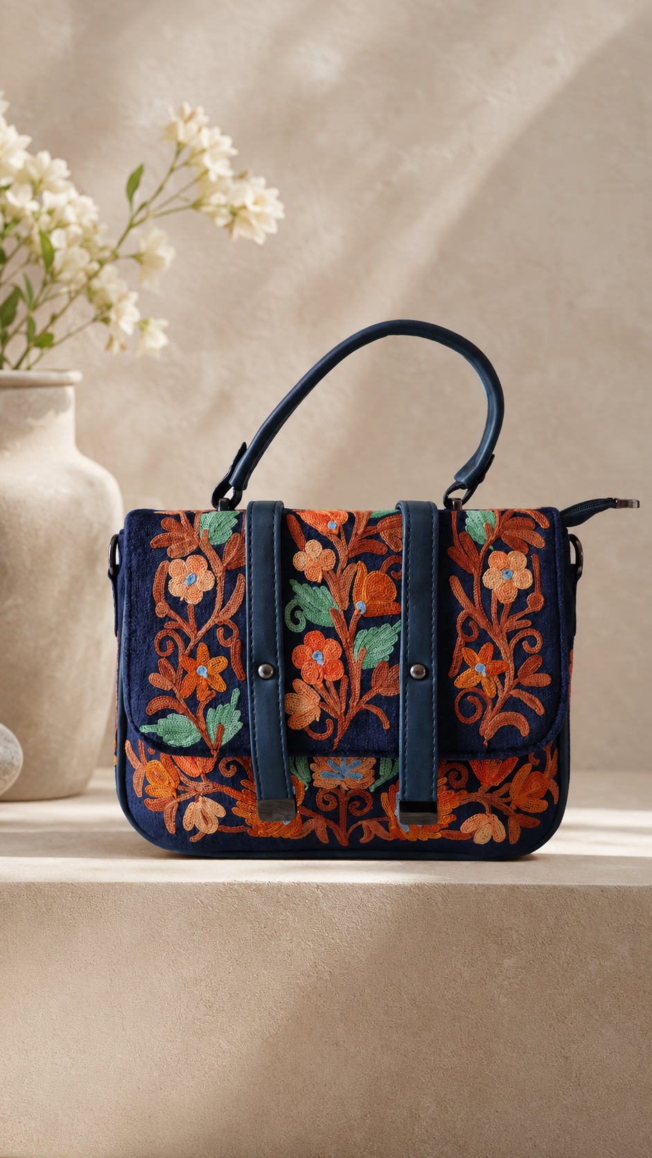 Handcrafted Aari Work Double Belt Handbag in Vibrant Orange