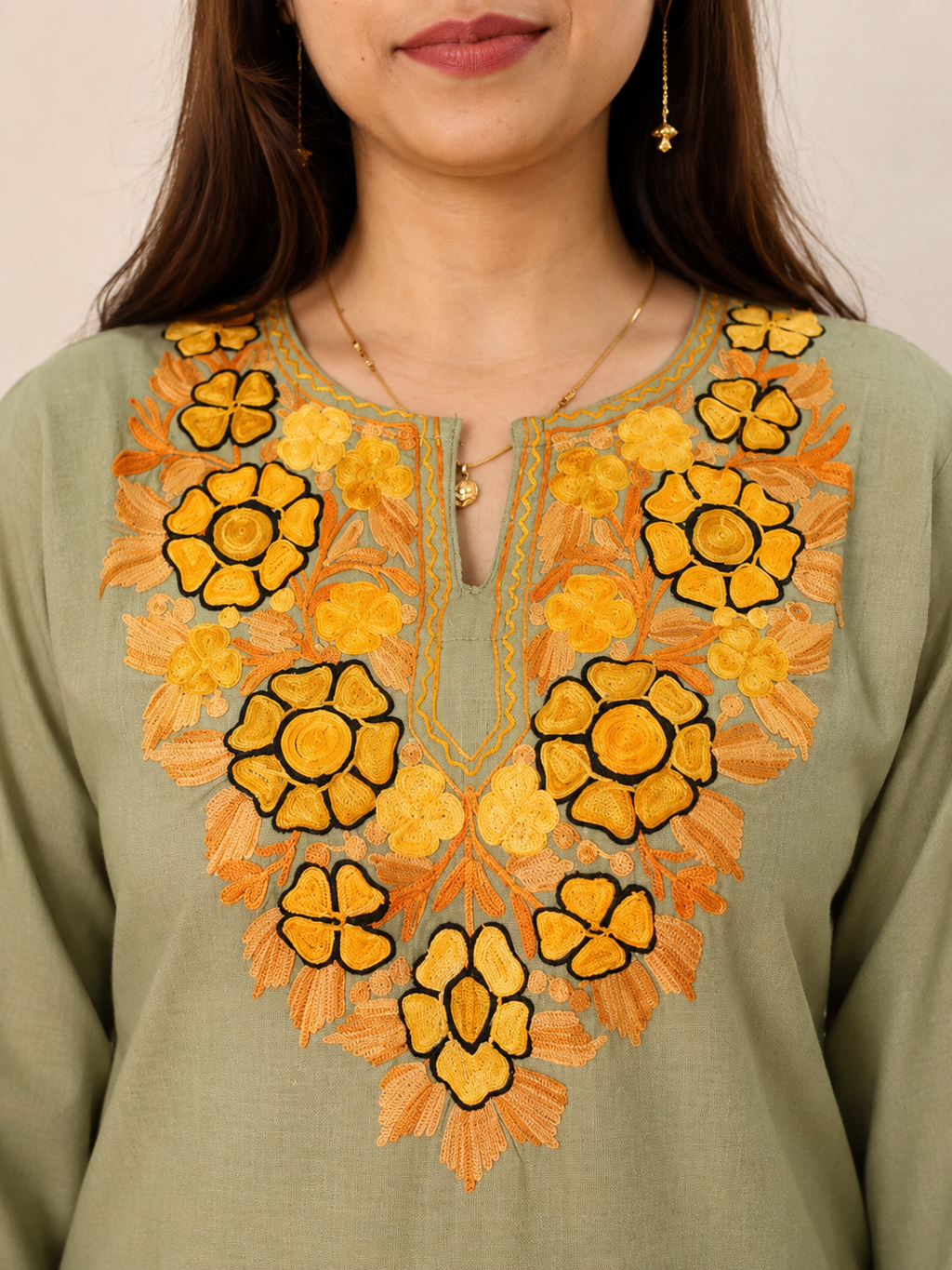Aari Work Long Kurti in Emerald Green Ruby Cotton