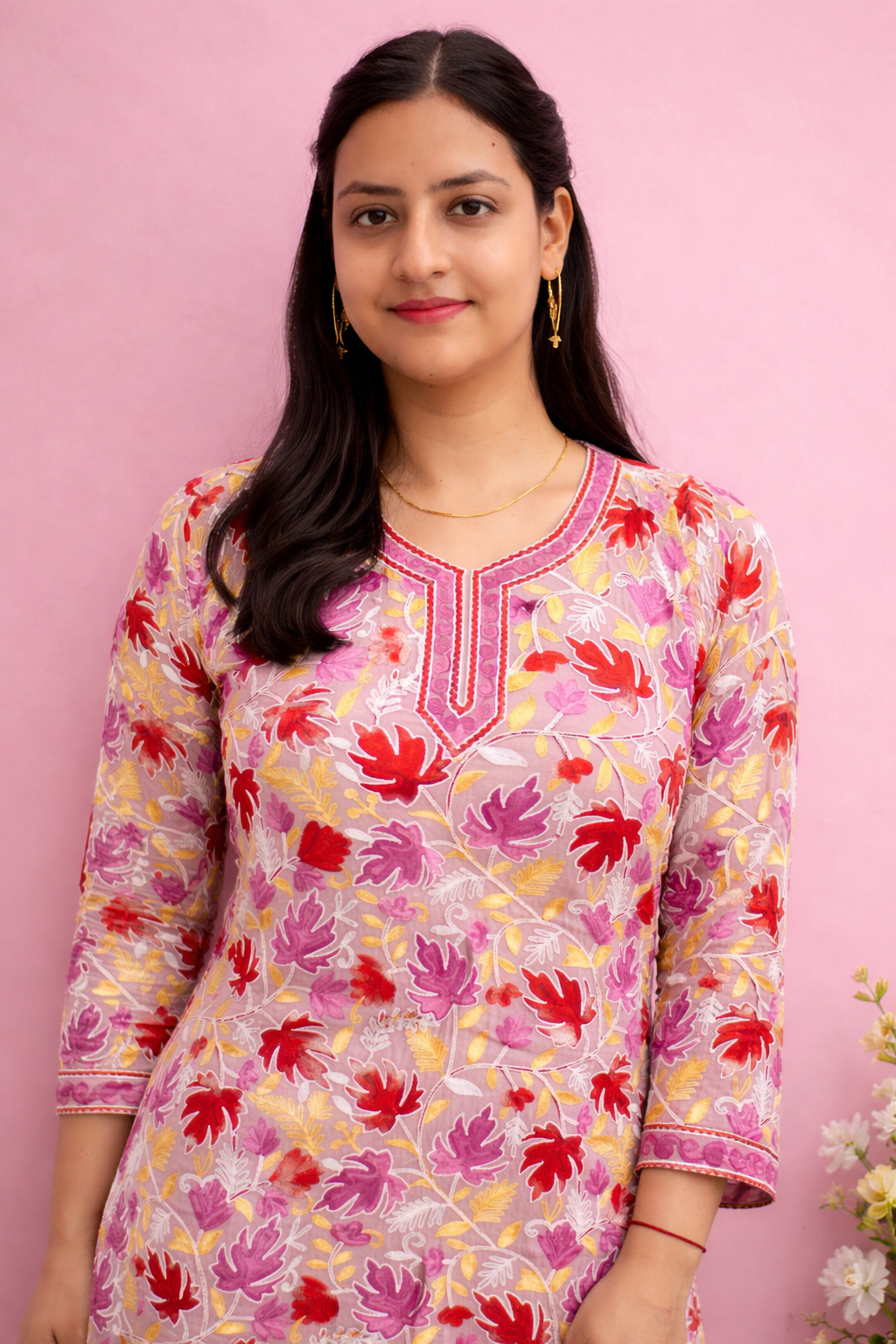 Georgette Baby Pink Kashmiri Aari Work Long Kurta