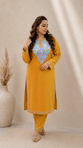 Handcrafted Mustard Aari Work Cord Set in Ruby Cotton