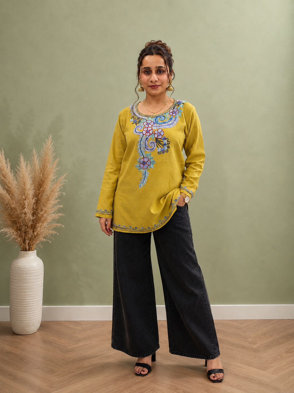 Aari Work Short Kurti in Olive Ruby Cotton