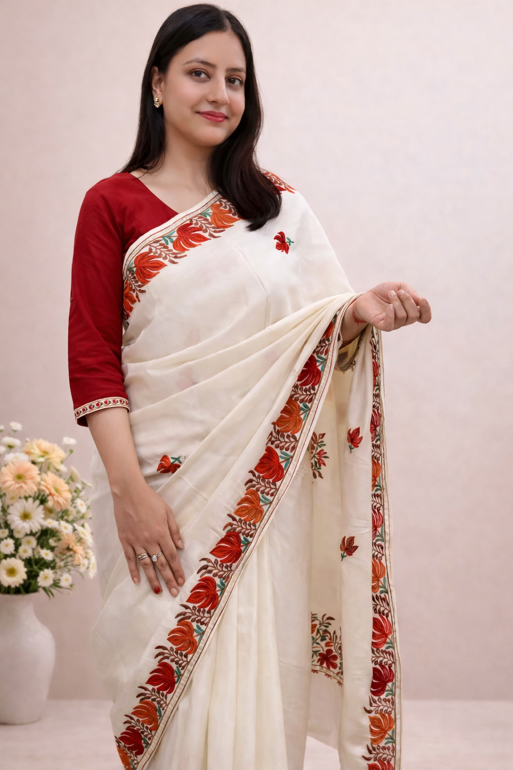 Silk Cream Kashmiri Aari Work Saree