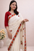 Silk Cream Kashmiri Aari Work Saree