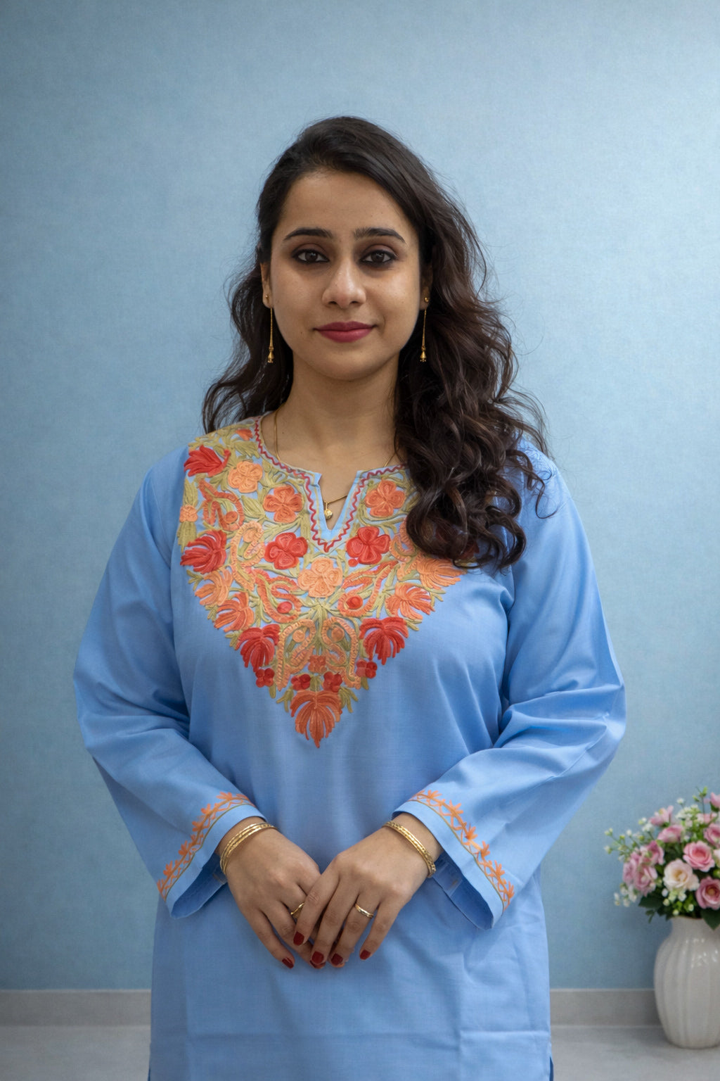 Cotton Sky Blue Kashmiri Aari Work Cord Set