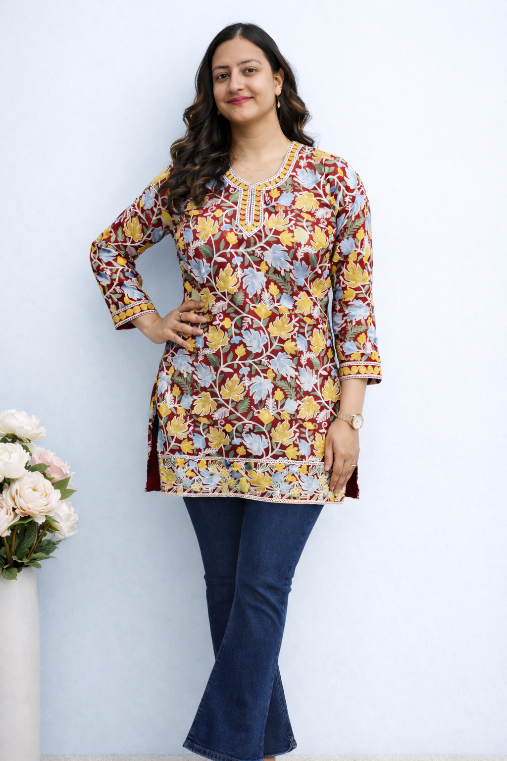 Georgette Red Blue Kashmiri Aari Work Short Kurta