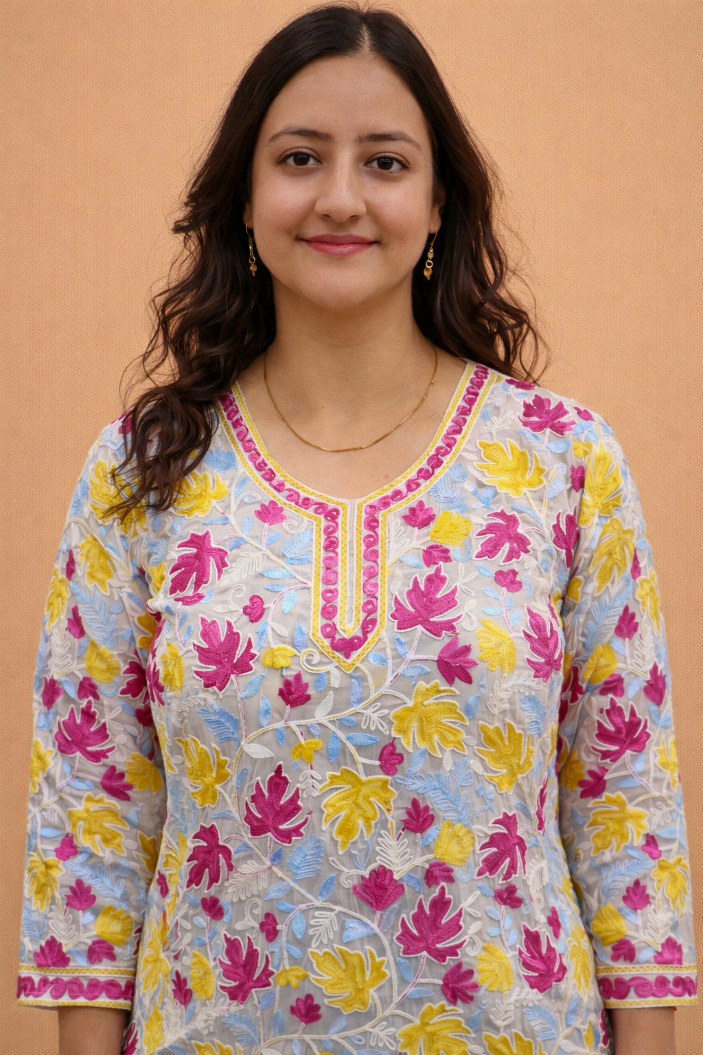 Georgette White Kashmiri Aari Work Short Kurta