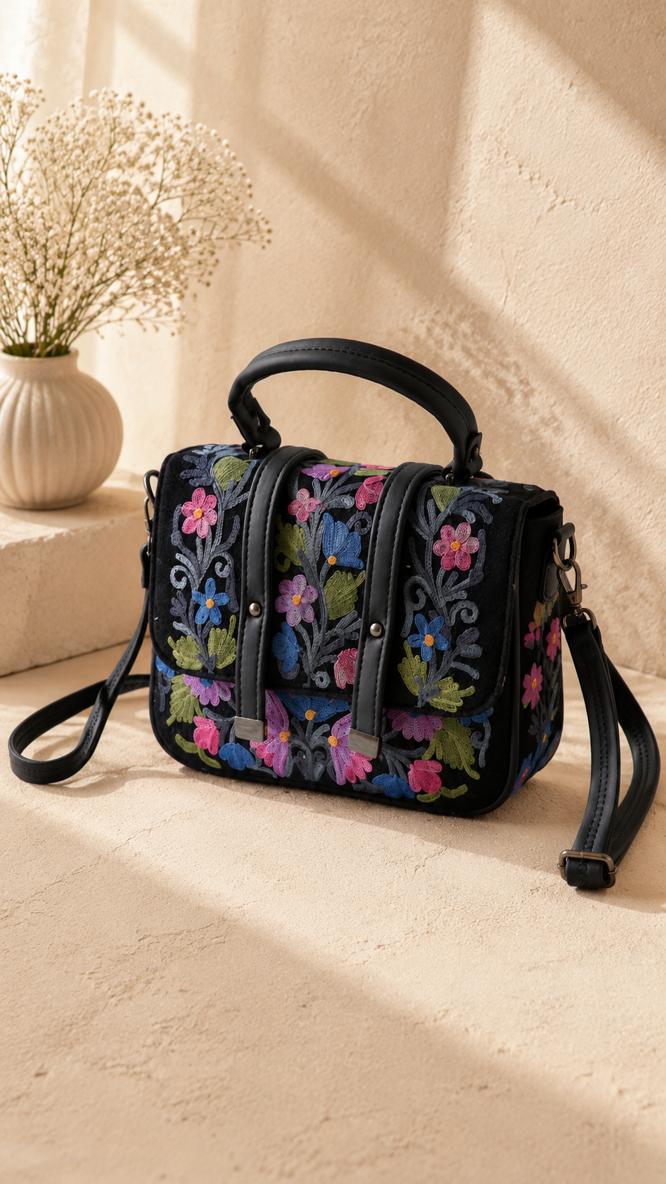 Aari Work Double Belt Handbags with Floral Motifs