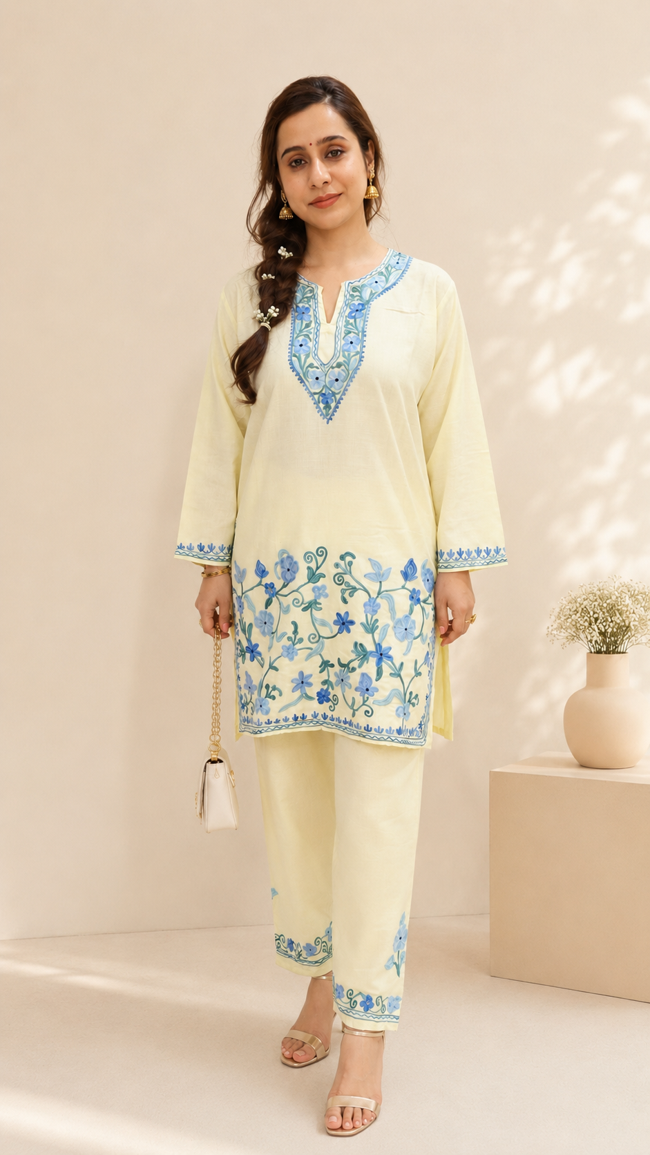 Light Yellow Ruby Cotton Cord Set with Jali Daman Aari Work
