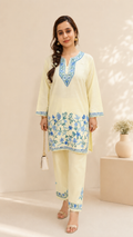Light Yellow Ruby Cotton Cord Set with Jali Daman Aari Work