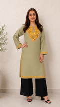 Aari Work Long Kurti in Emerald Green Ruby Cotton