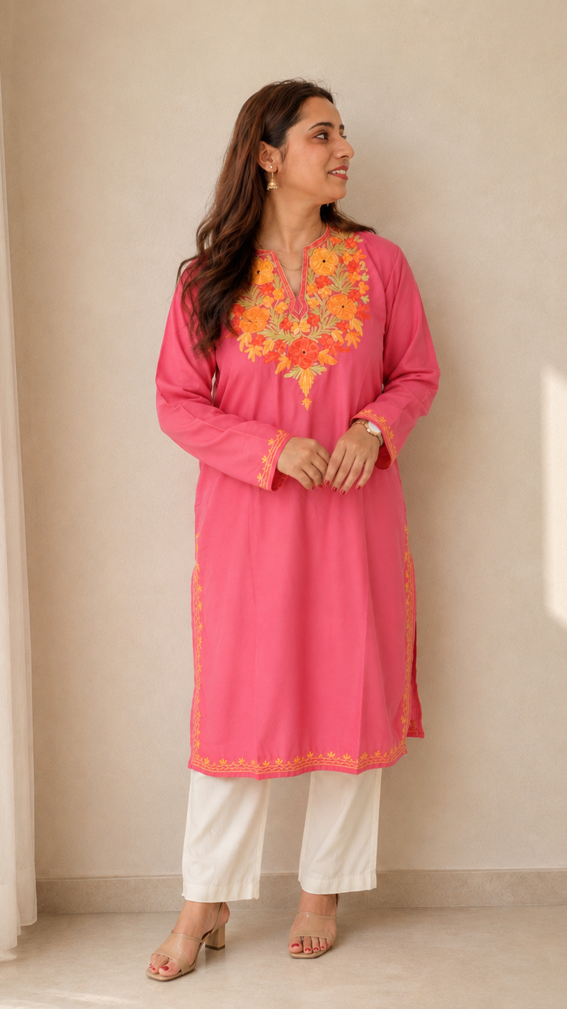 Aari Work Long Kurti in Vibrant Pink Orange Ruby Cotton