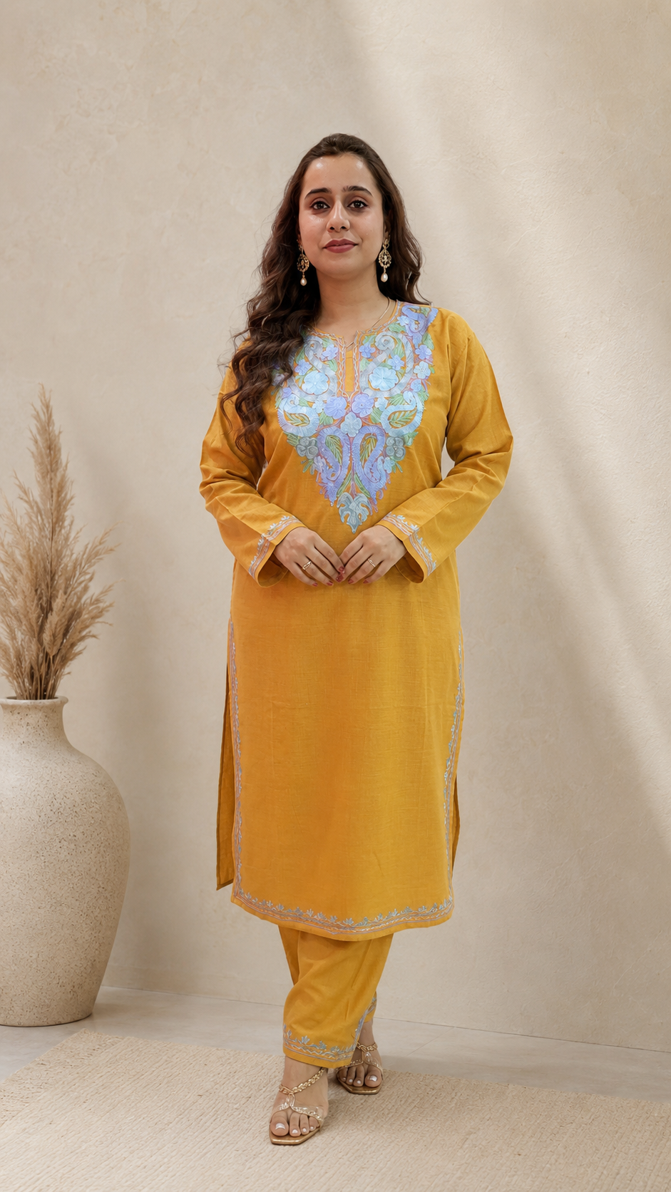 Handcrafted Mustard Aari Work Cord Set in Ruby Cotton
