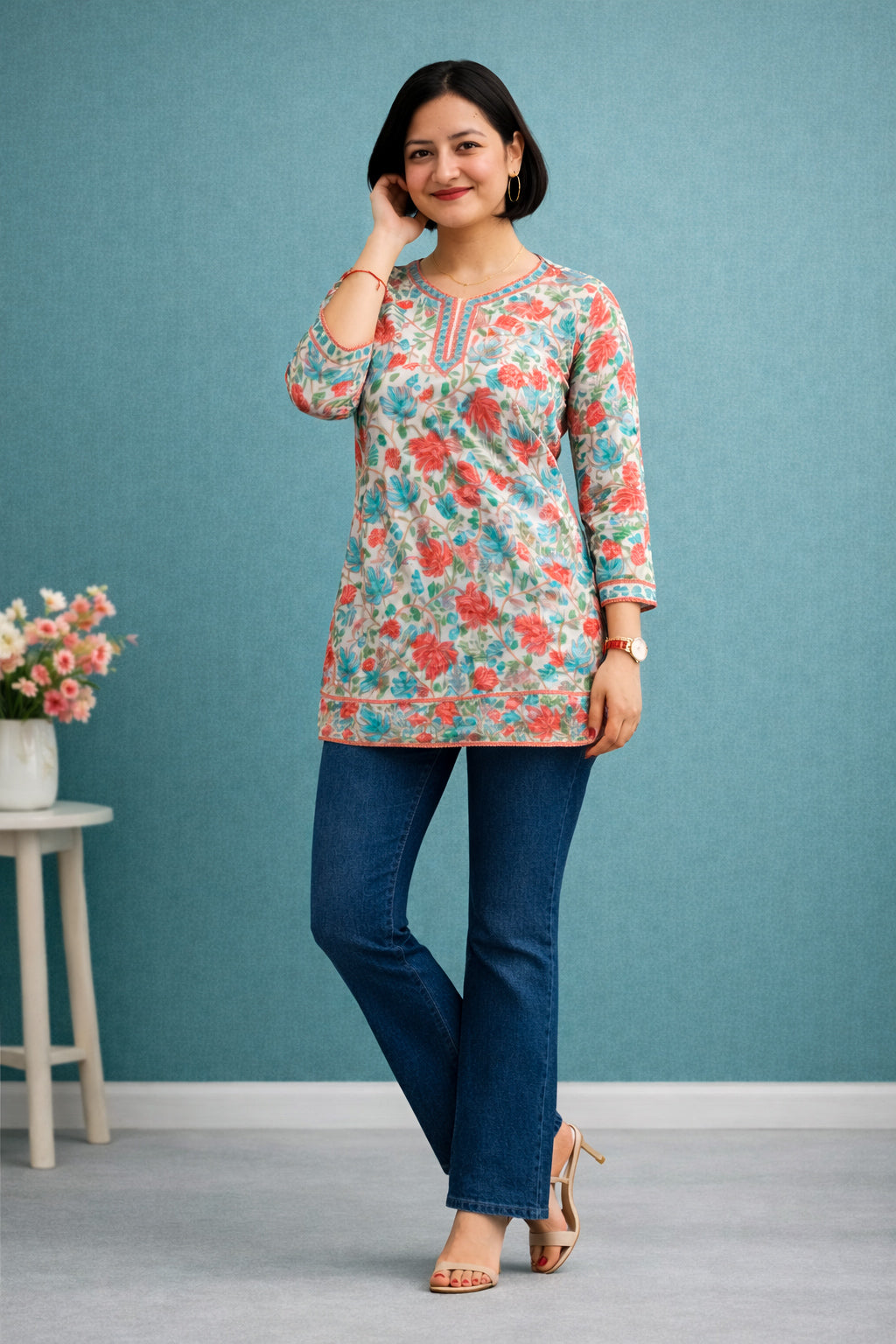 Georgette Nude Kashmiri Aari Work Short Kurta