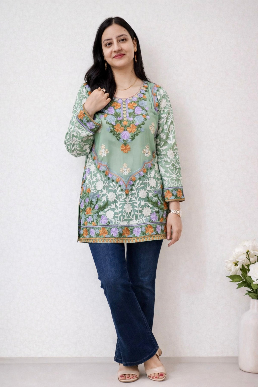 Georgette Green Kashmiri Aari Work Short Kurta