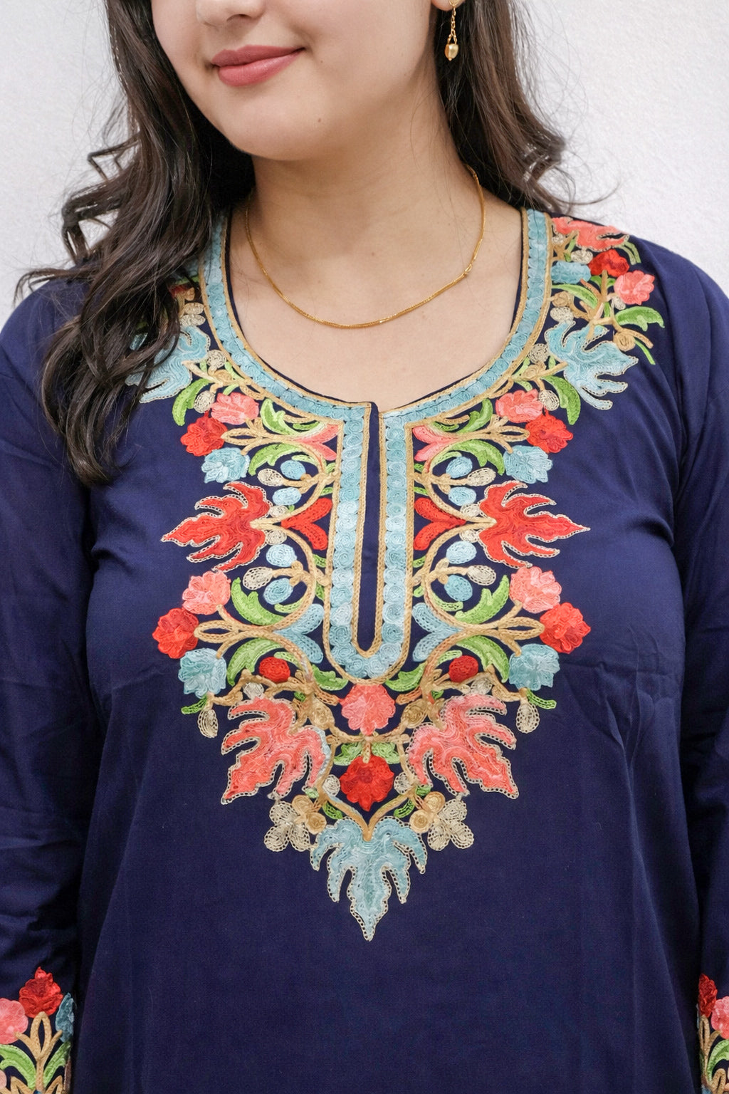Rayon Blue Kashmiri Aari Work Long Kurta