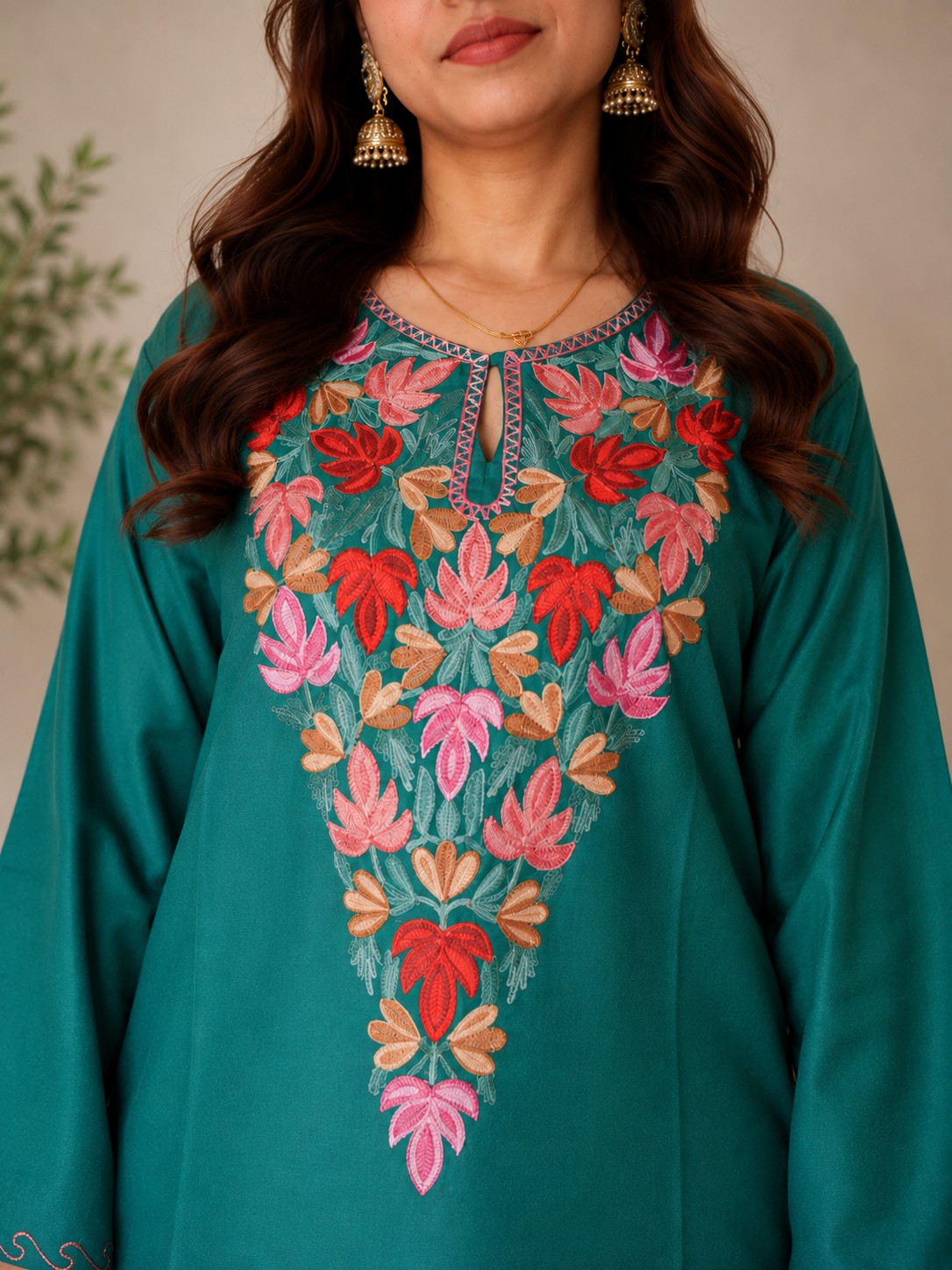 Dark Green Aari Work Long Kurti in Ruby Cotton