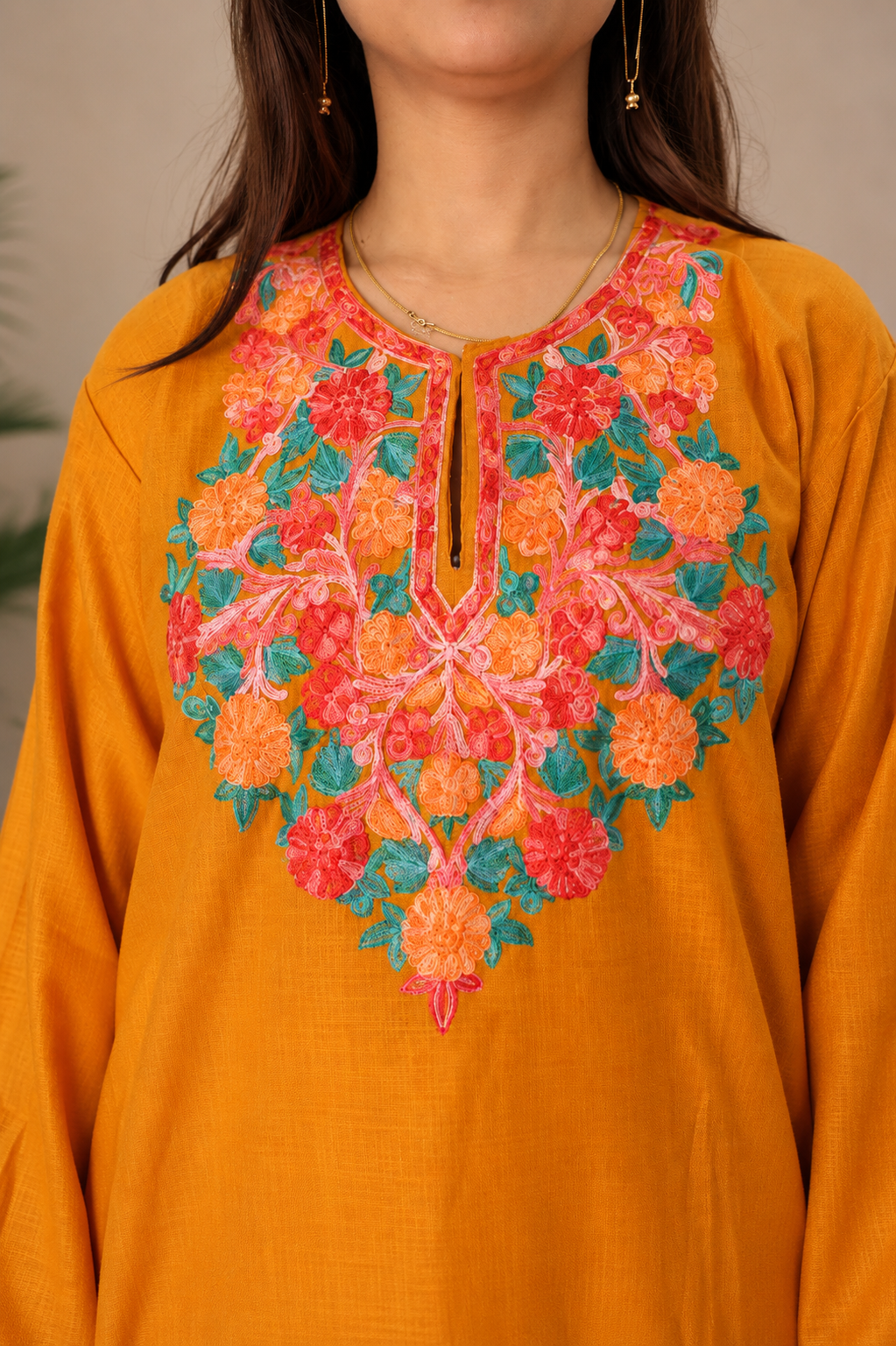 Aari Work Long Kurti in Golden Ruby Cotton