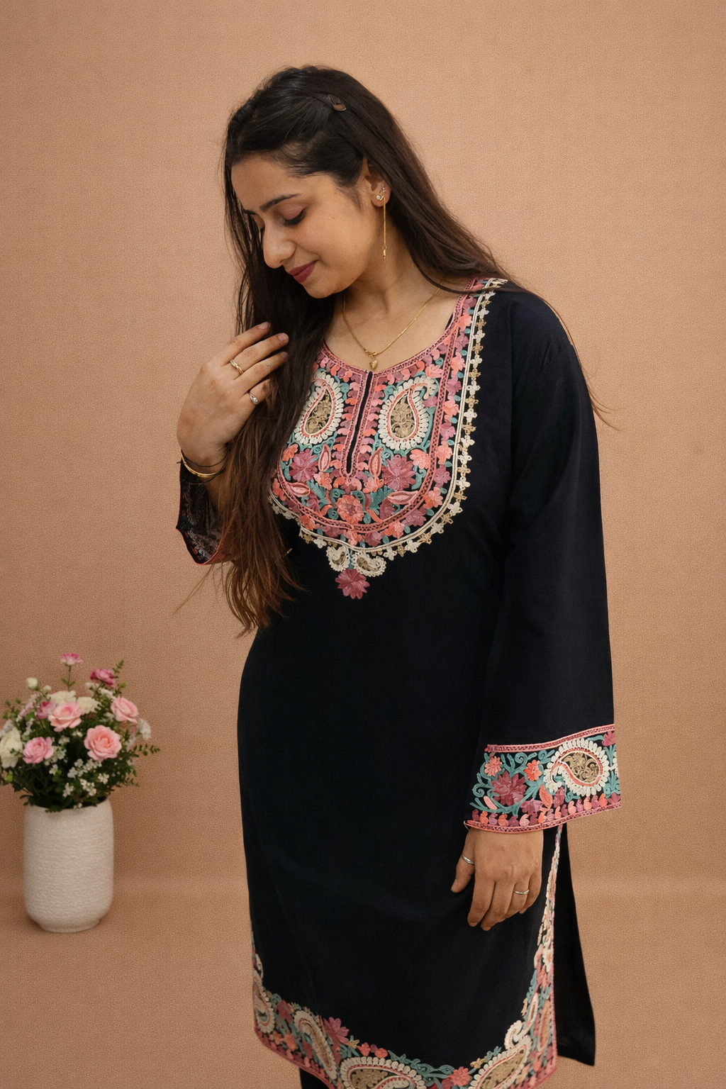 Rayon Black Kashmiri Aari Work Cord Set