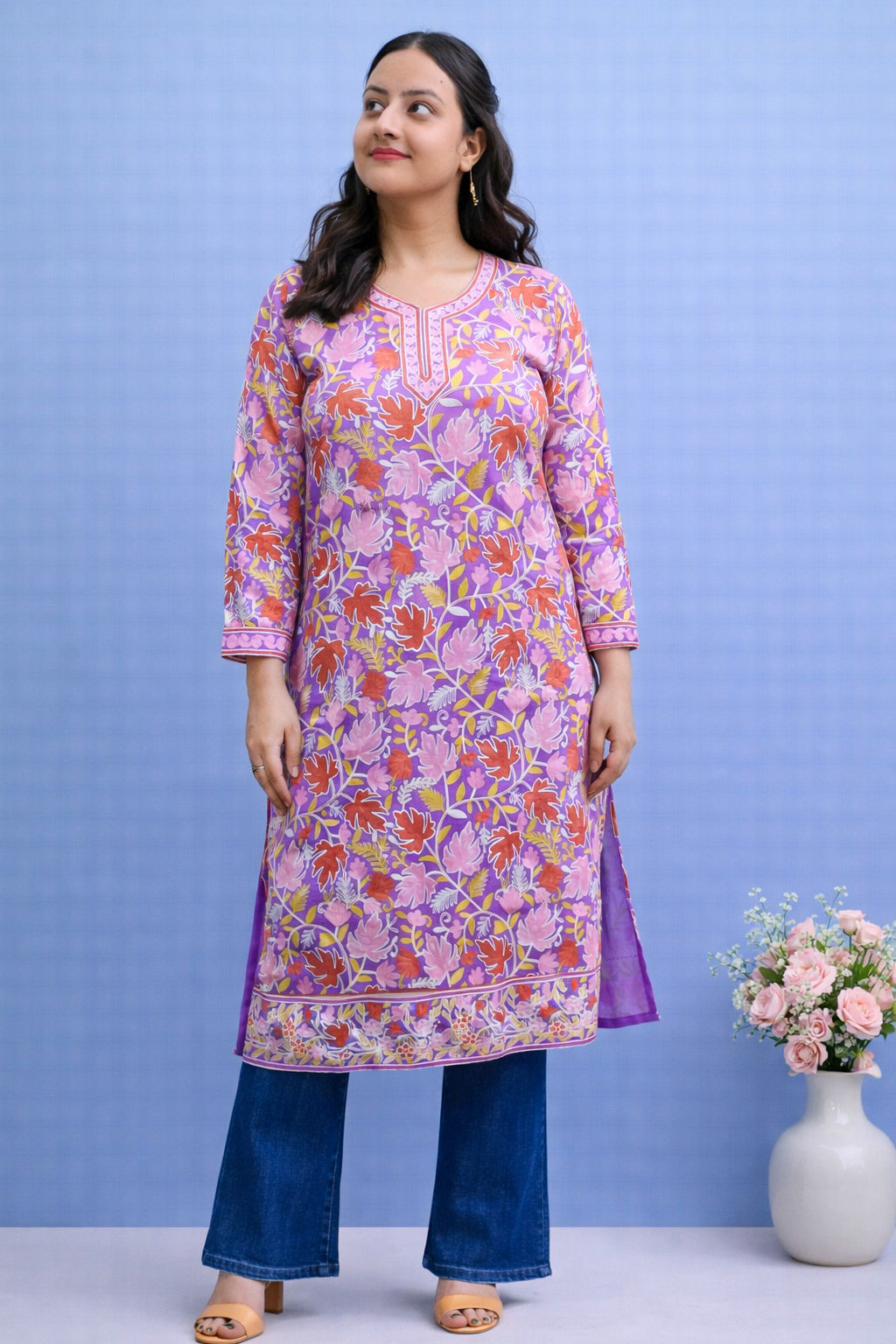 Georgette Purple Kashmiri Aari Work Long Kurta