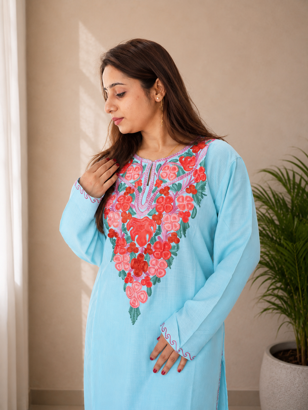 Hand-Embroidered Aari Work Long Kurti in Sea Blue