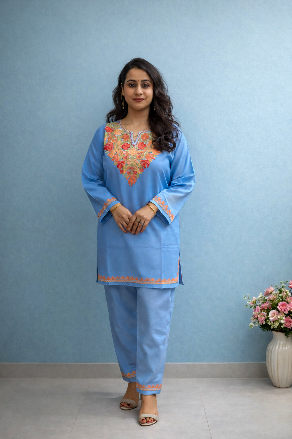 Cotton Sky Blue Kashmiri Aari Work Cord Set