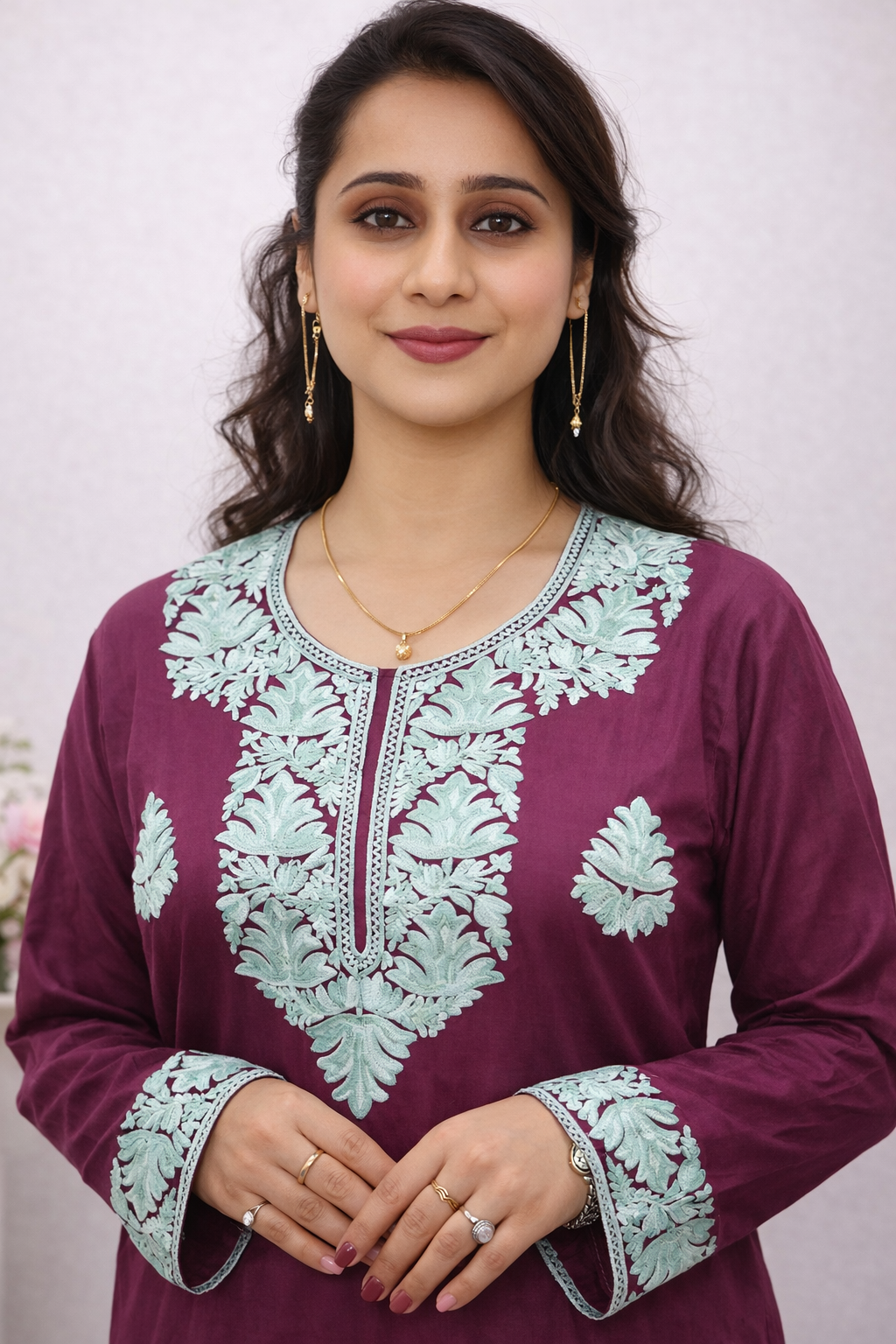 Rayon Purple Kashmiri Aari Work Short Kurta