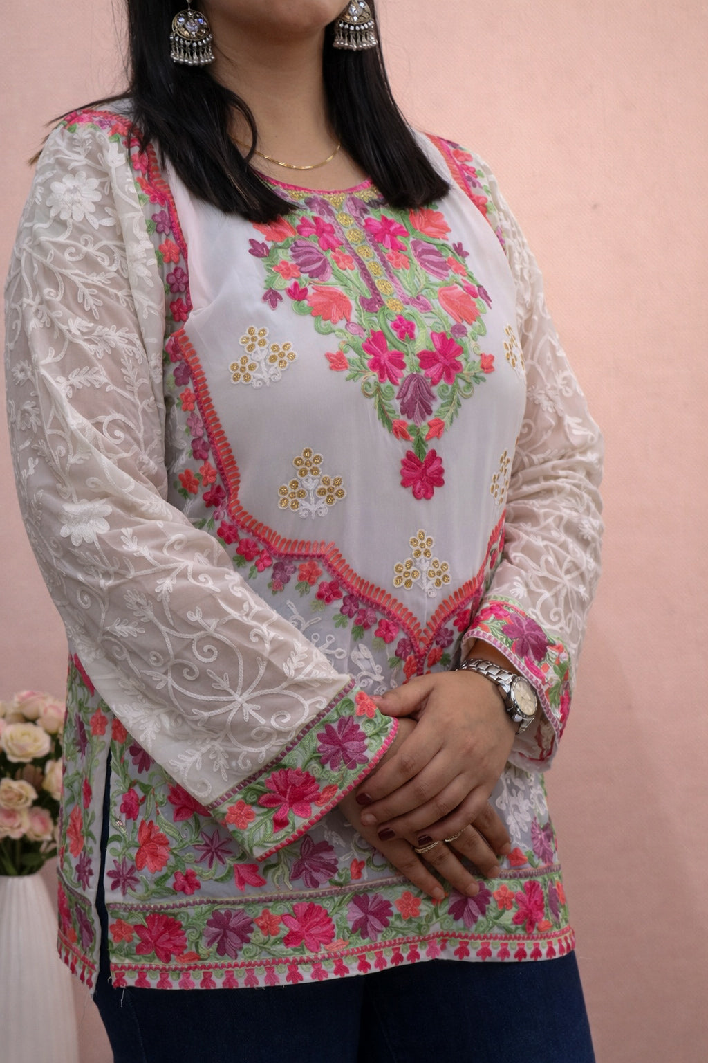 Georgette White Pink Kashmiri Aari Work Short Kurta