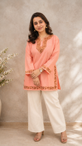 Peach Ruby Cotton Aari Work Short Kurti