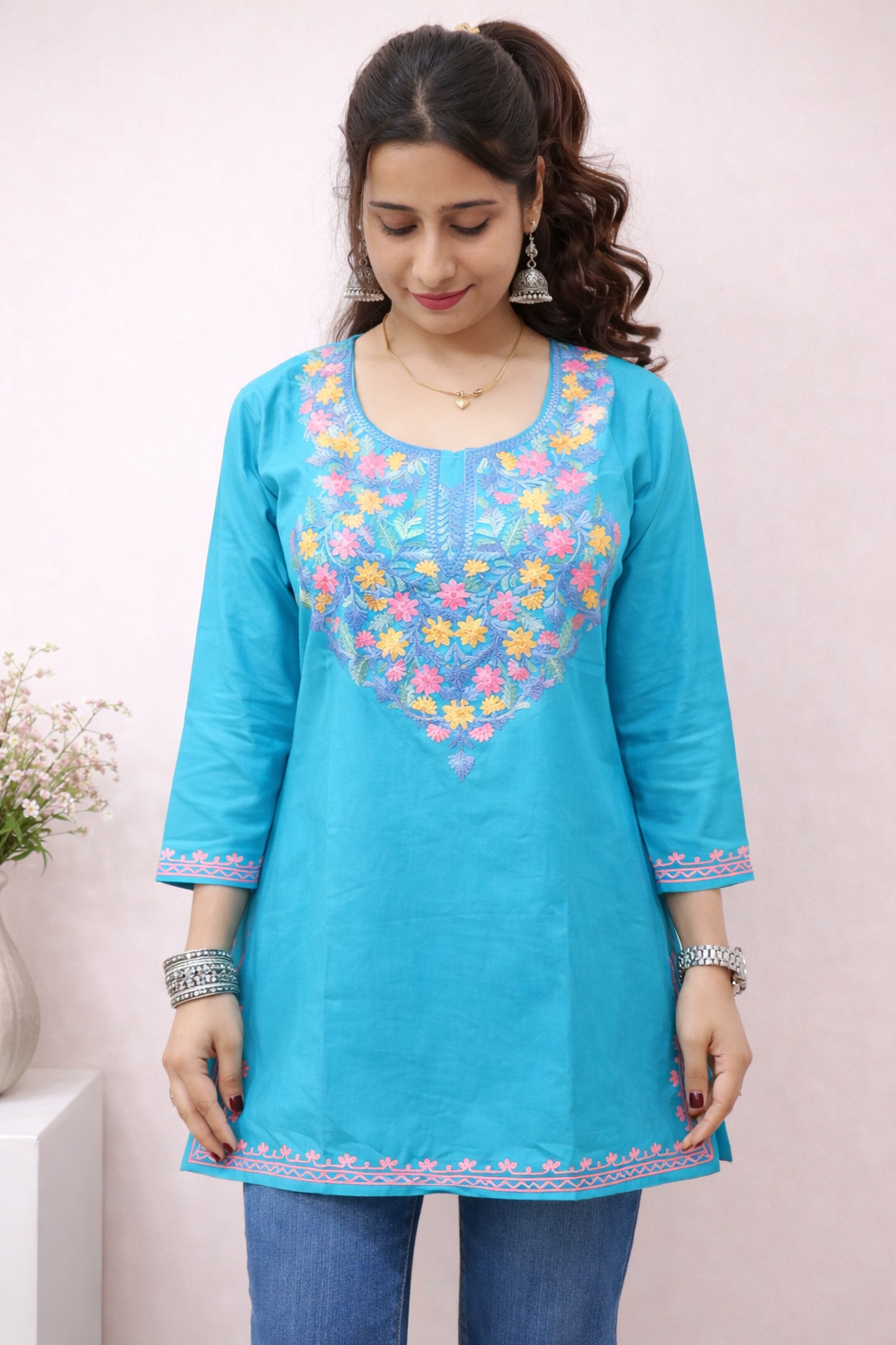 Rayon Teal Kashmiri Aari Work Short Kurta