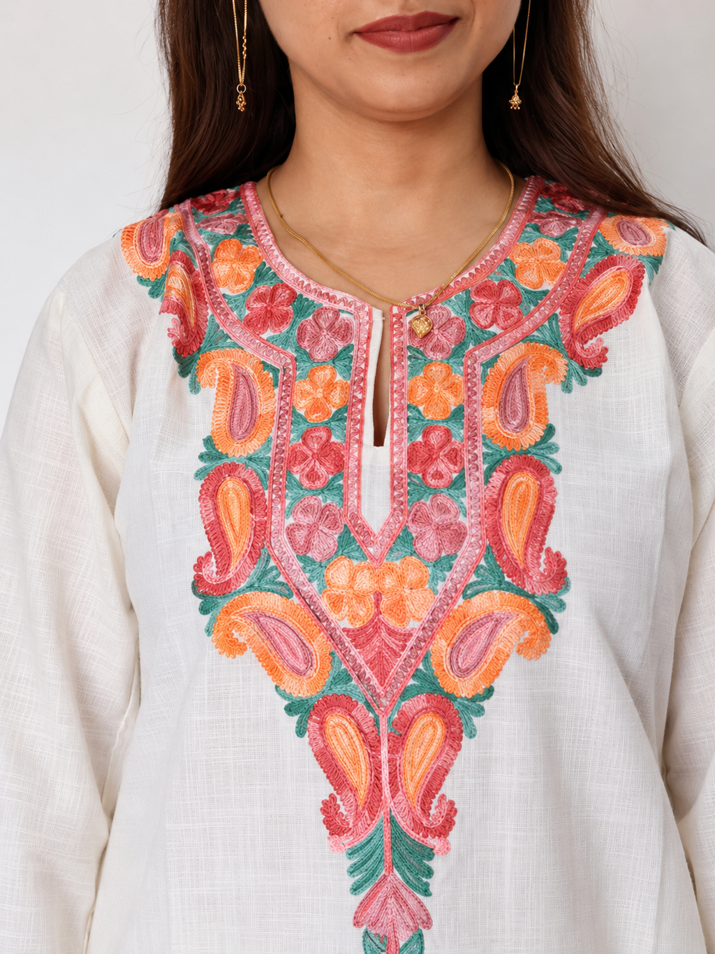 Aari Work Long Kurti in White Pink Ruby Cotton