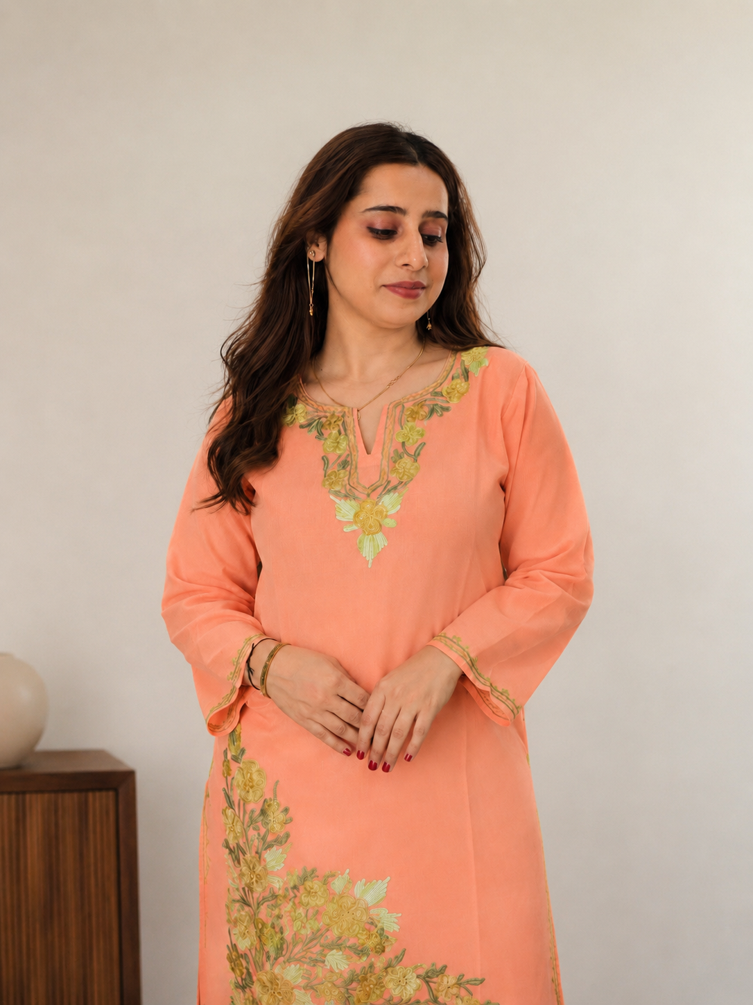 Peach Green Aari Work Long Kurti in Ruby Cotton