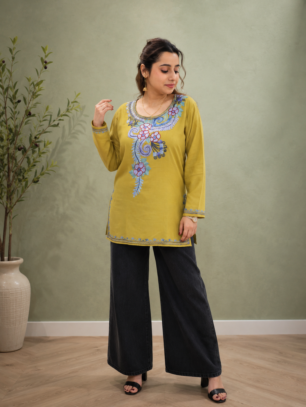 Aari Work Short Kurti in Olive Ruby Cotton