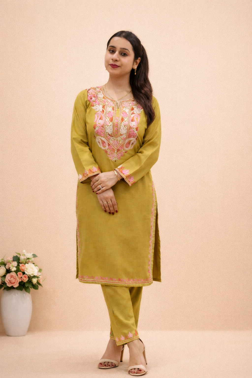 Cotton Mustard Kashmiri Aari Work Cord Set